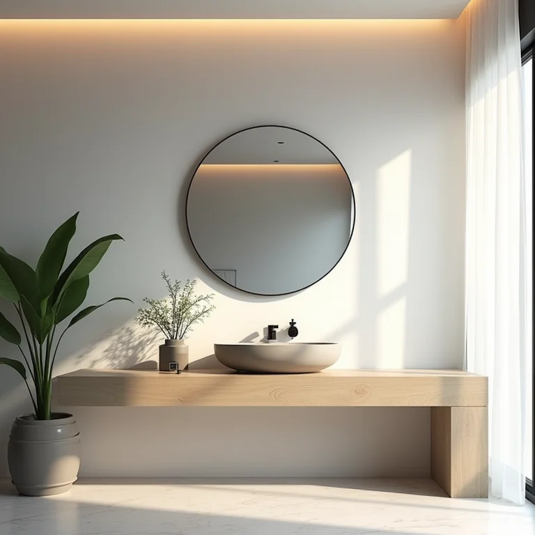 Lavatório minimalista em banheiro moderno com plantas