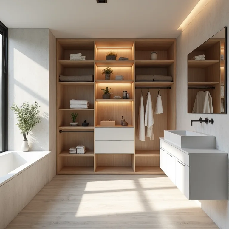 Layout inteligente de banheiro com closet integrado.