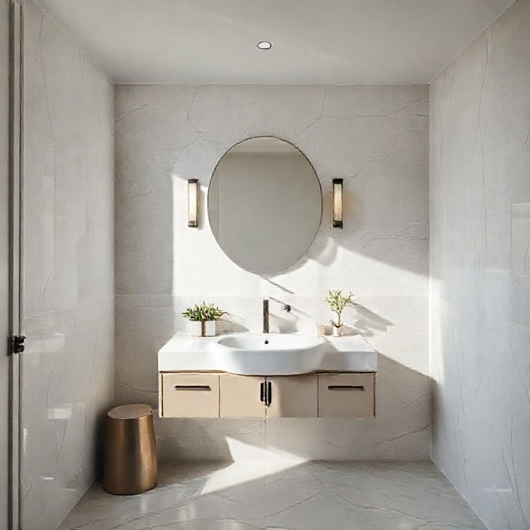 Louças e gabinetes desproporcionais em um banheiro pequeno