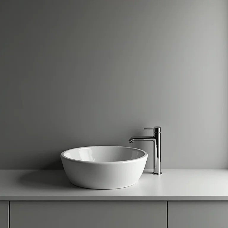 Louças e metais desalinhados em banheiro cinza