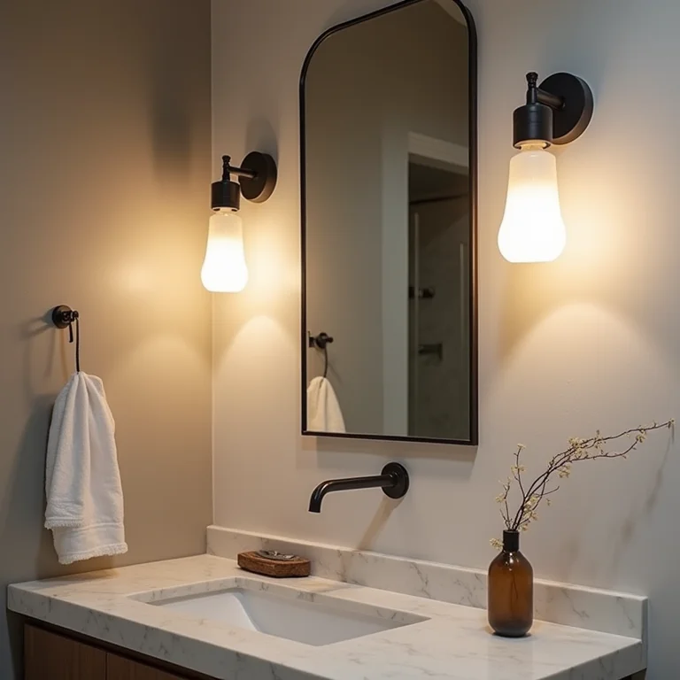 Luminárias industriais estrategicamente posicionadas em um banheiro