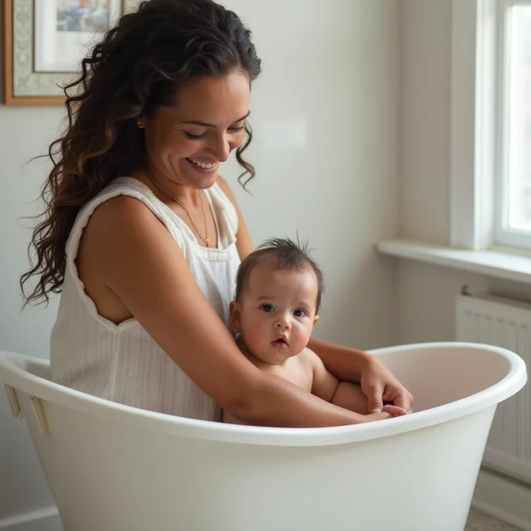 Mãe sorrindo enquanto dá banho no bebê na banheira Burigotto.