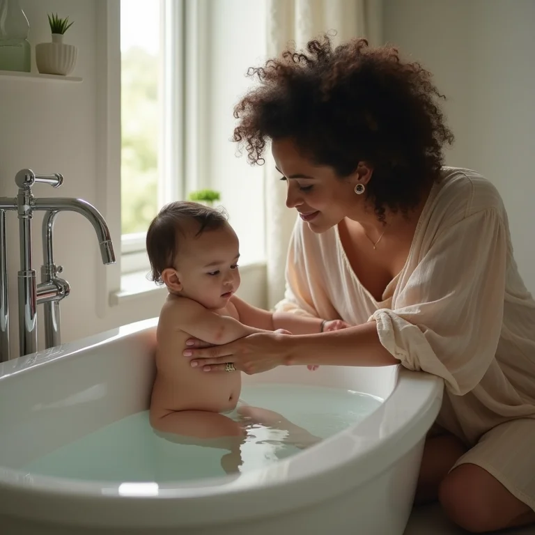 Mãe testando a temperatura da água da banheira do bebê.