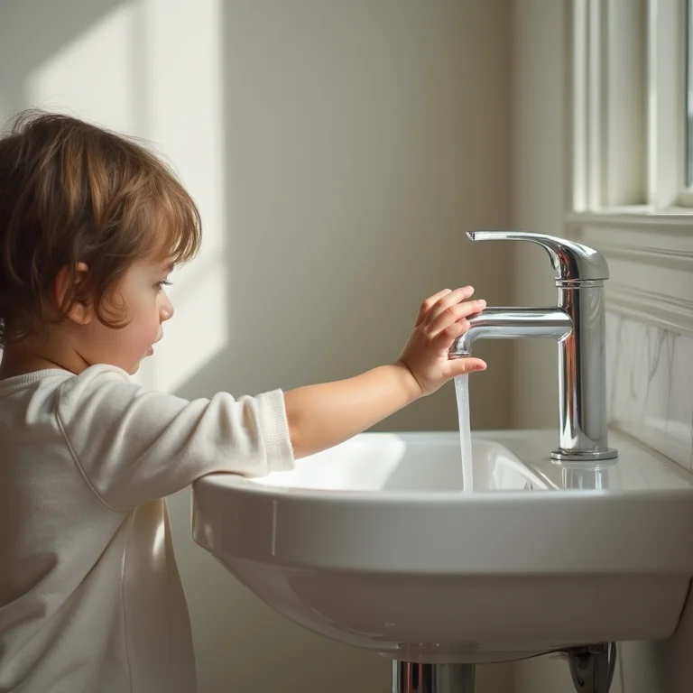 Mão de criança tentando alcançar pia muito alta no banheiro.