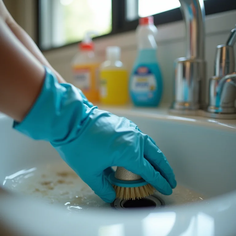 Mão limpando ralo com escova e luvas