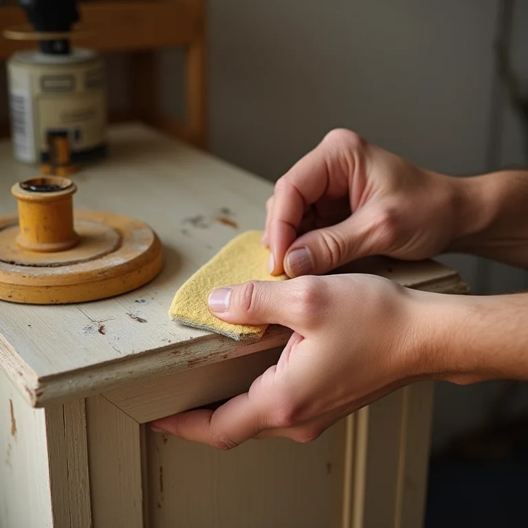 Mãos lixando porta de armário de madeira para restauração.