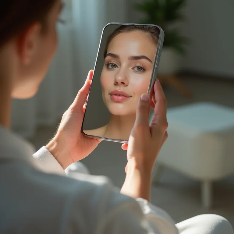 Mãos utilizando um espelho inteligente para análise da pele