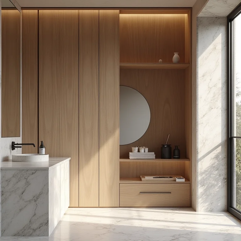 Materiais e acabamentos para banheiro e closet integrados.