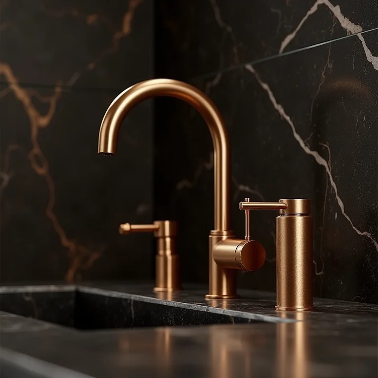 Metais dourados e cobre em banheiro com fundo de mármore