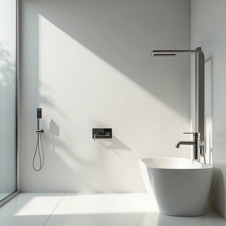 Metais elegantes em banheiro moderno