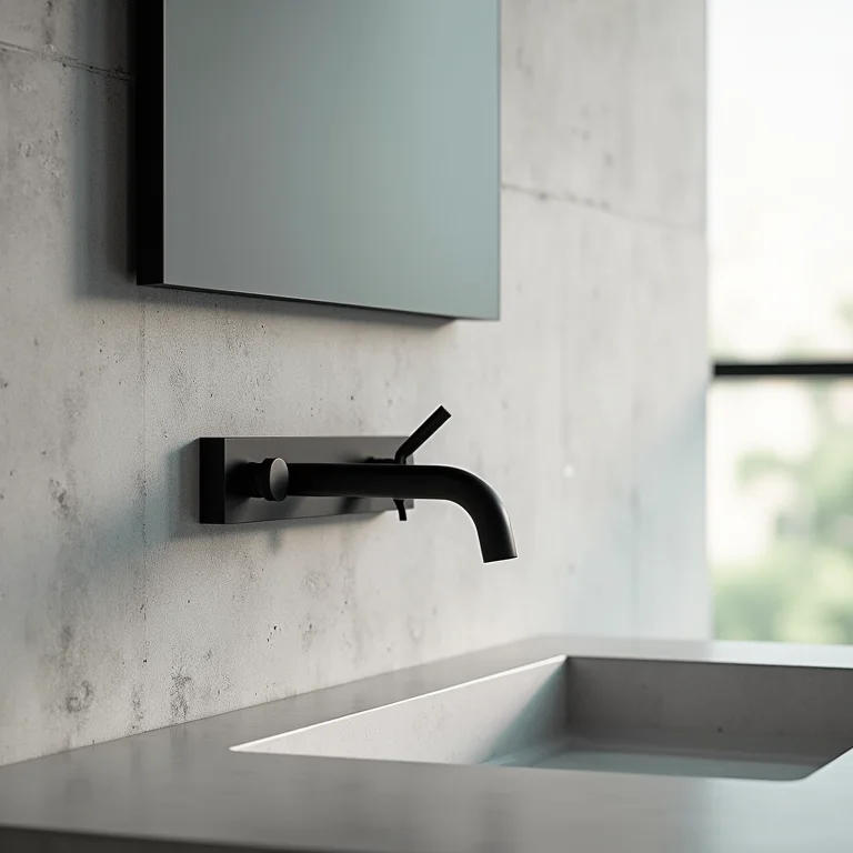 Metais pretos foscos em banheiro com parede de concreto