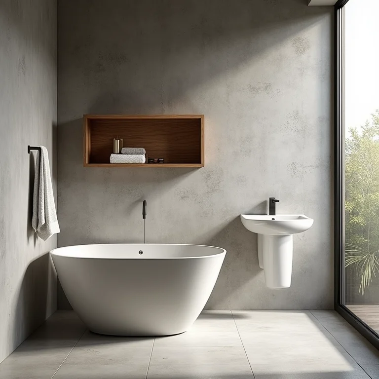 Mistura de texturas em um banheiro industrial: concreto, madeira, metal e tecido