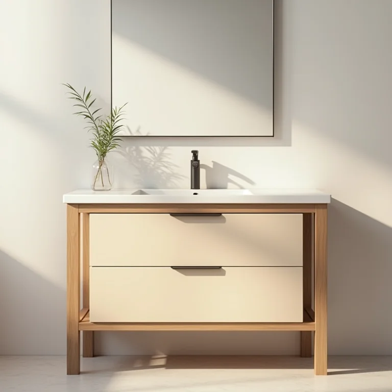 Móvel de banheiro marrom claro com gavetas bege e planta.