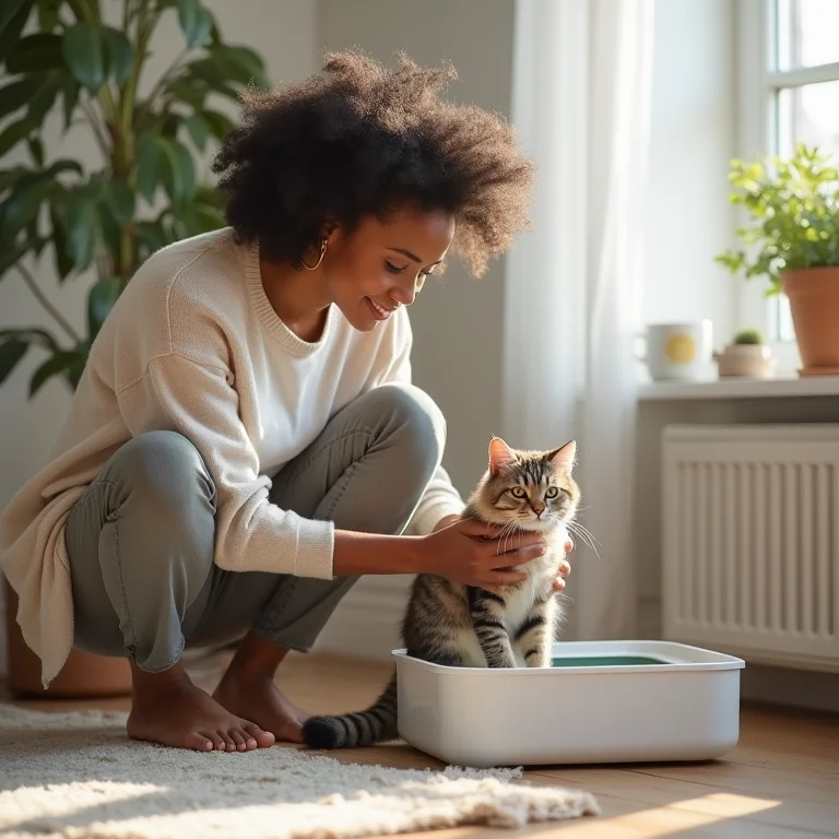 Mulher ajudando gato a se adaptar ao novo banheiro inteligente