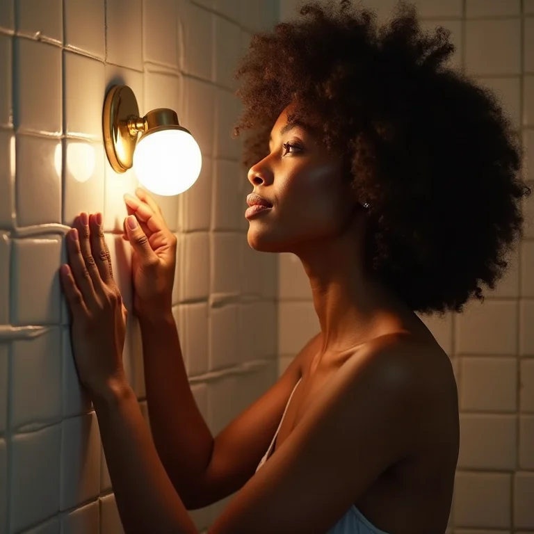 Mulher ajustando a iluminação do banheiro