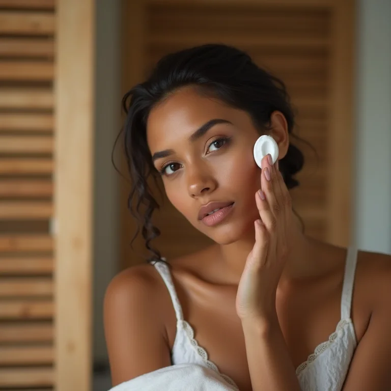 Mulher aplicando hidratante em banheiro com ripado