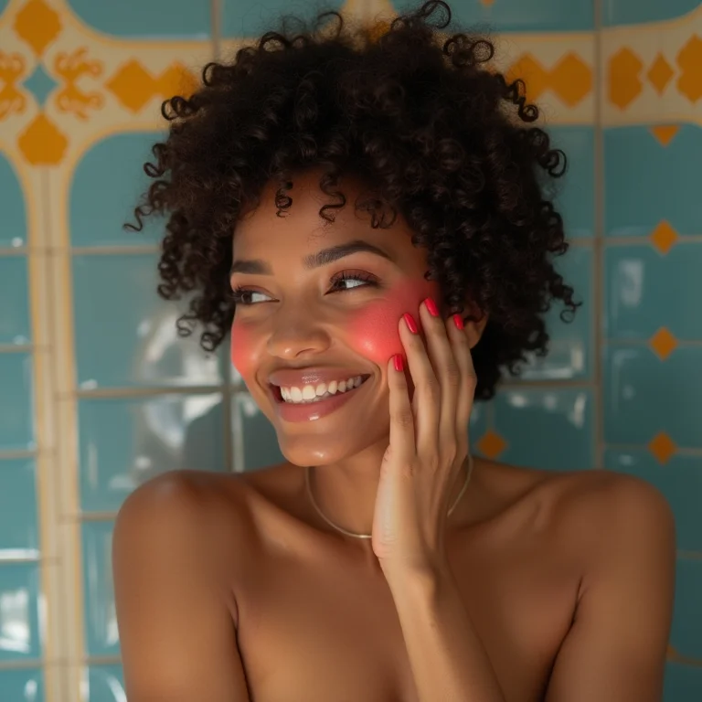 Mulher aplicando maquiagem em banheiro colorido