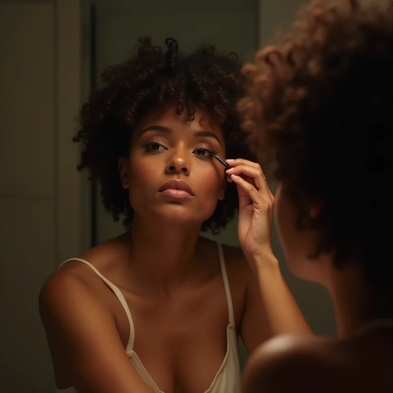Mulher aplicando maquiagem em banheiro mal iluminado