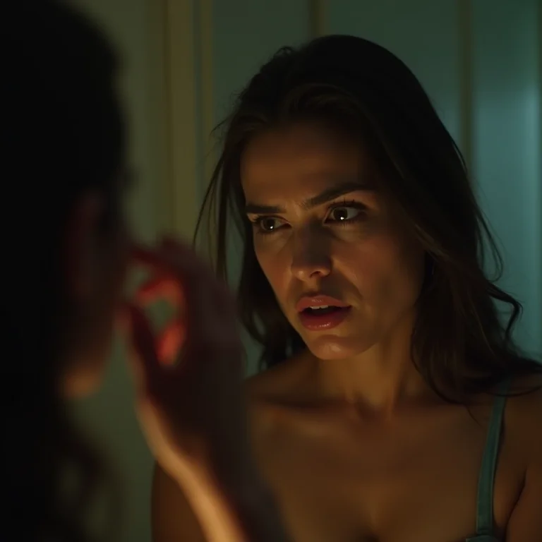 Mulher aplicando maquiagem em banheiro mal iluminado