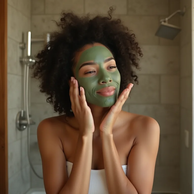 Mulher aplicando máscara facial verde no banheiro com detalhes em madeira.