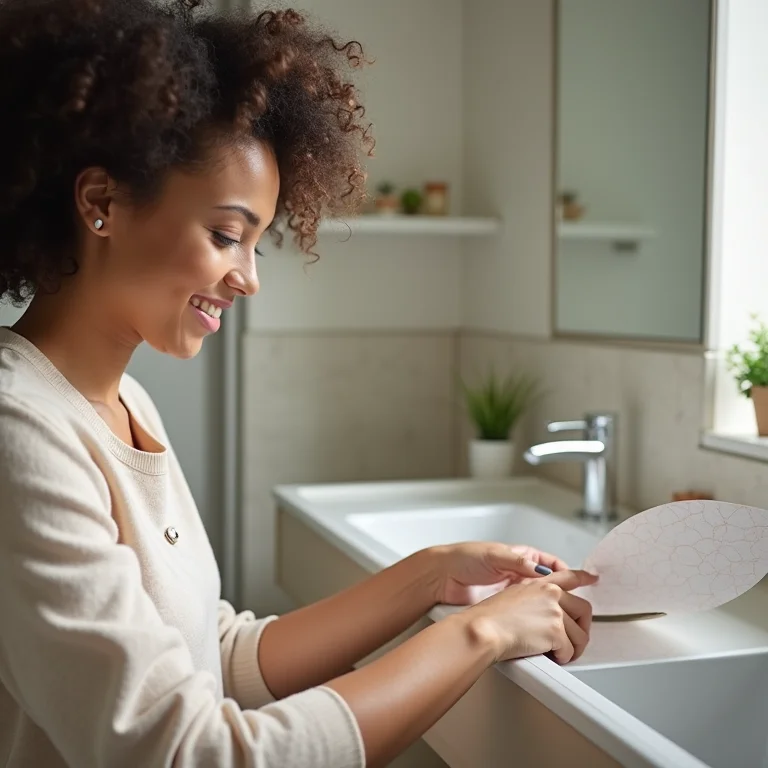 Mulher aplicando papel de parede adesivo em gaveta de banheiro.