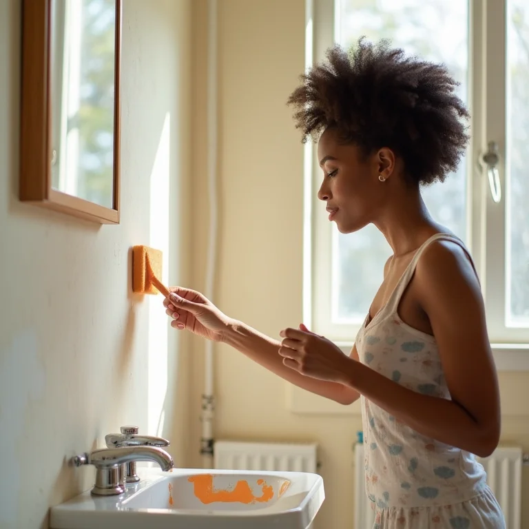Mulher aplicando técnica DIY de pintura em banheiro.