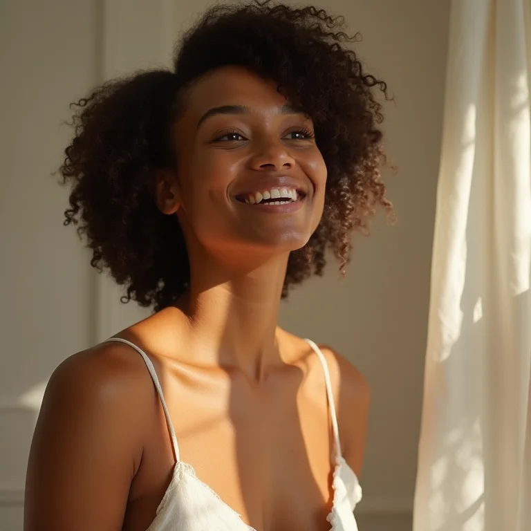 Mulher aproveitando a luz natural no banheiro