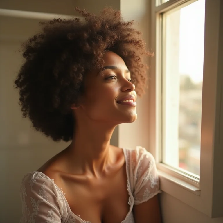 Mulher aproveitando luz natural em banheiro com janela bem posicionada