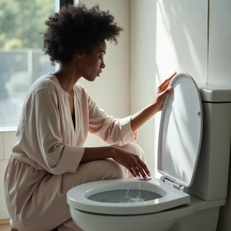 Mulher ativando a função autolimpante de um banheiro moderno