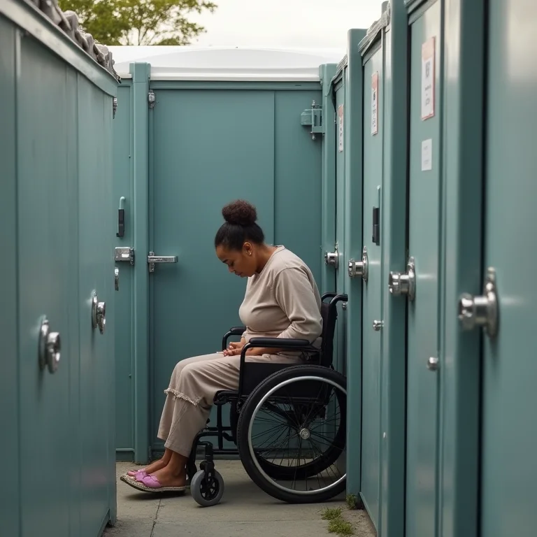 Mulher cadeirante utilizando banheiro químico acessível.