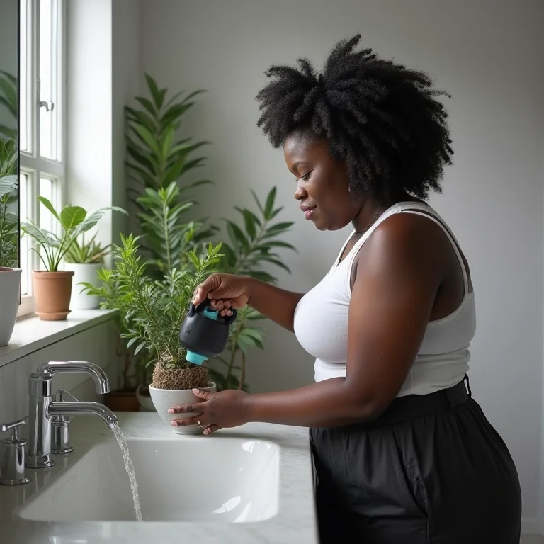Mulher cuidando de planta em banheiro branco e preto