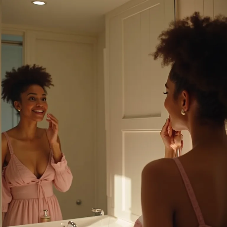 Mulher diversa se maquiando em um banheiro bem iluminado