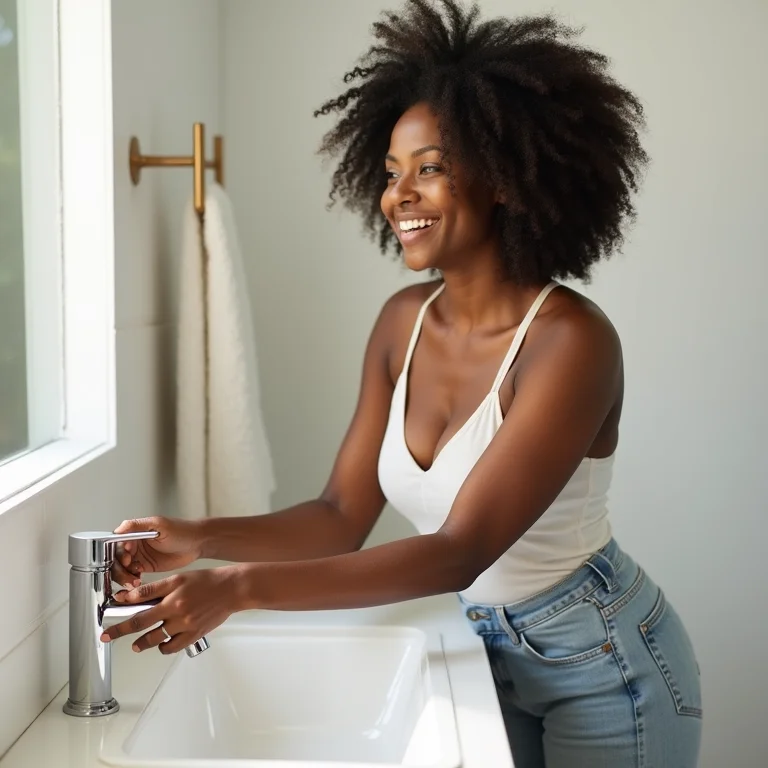 Mulher economizando água no banheiro com um sorriso