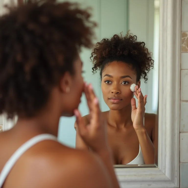 Mulher em banheiro com parede de pastilhas.