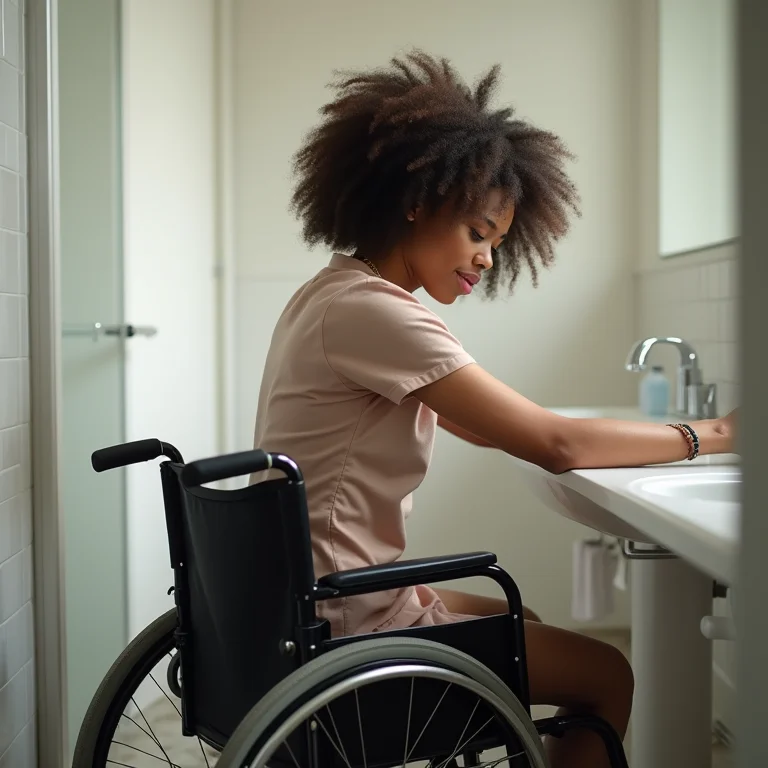 Mulher em cadeira de rodas usando pia acessível em banheiro moderno.