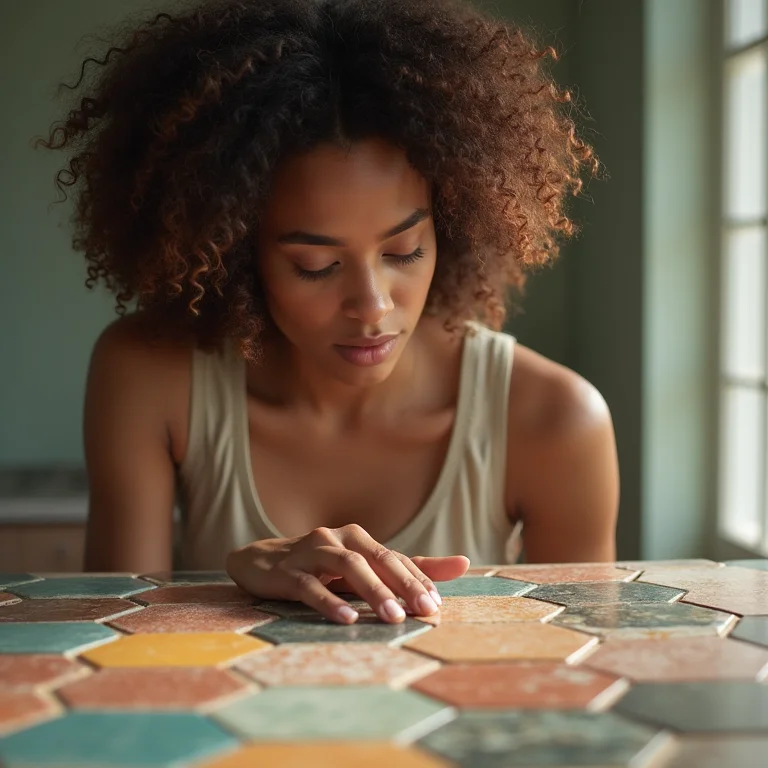Mulher escolhendo azulejos hexagonais para banheiro