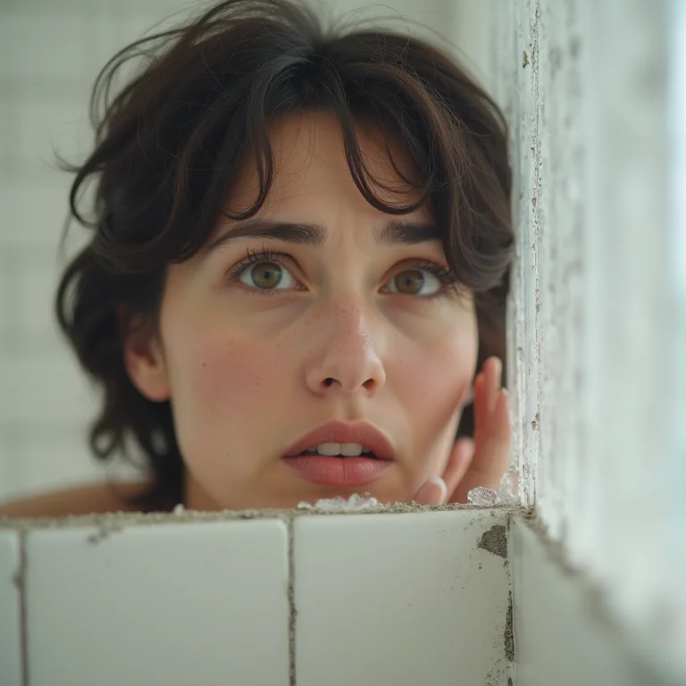 Mulher frustrada com mofo no rejunte do banheiro branco