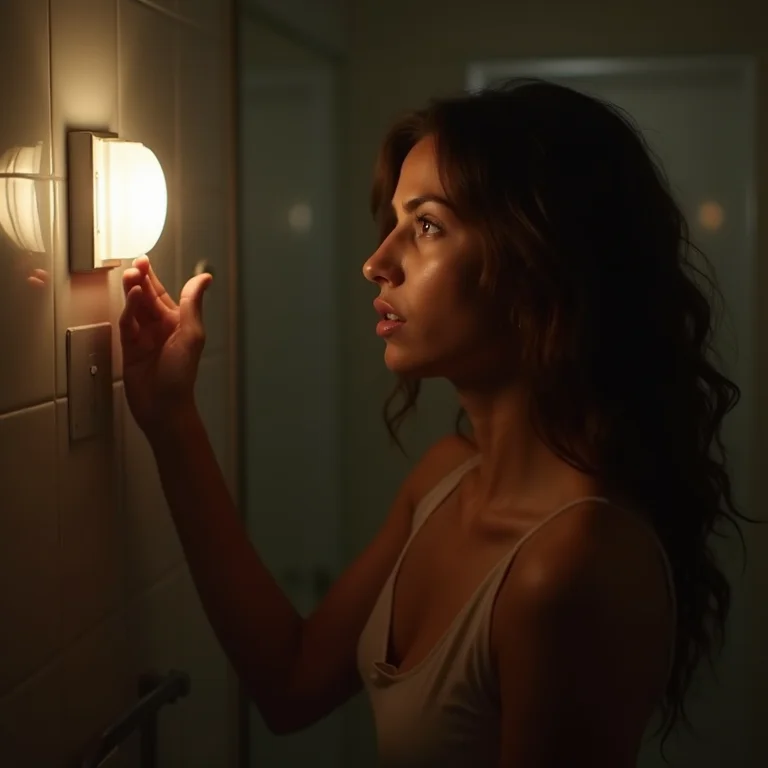 Mulher frustrada em banheiro mal iluminado