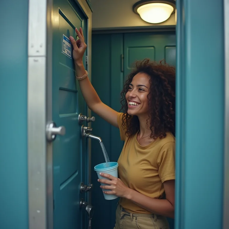 Mulher inspecionando um banheiro químico de luxo, demonstrando satisfação com a limpeza