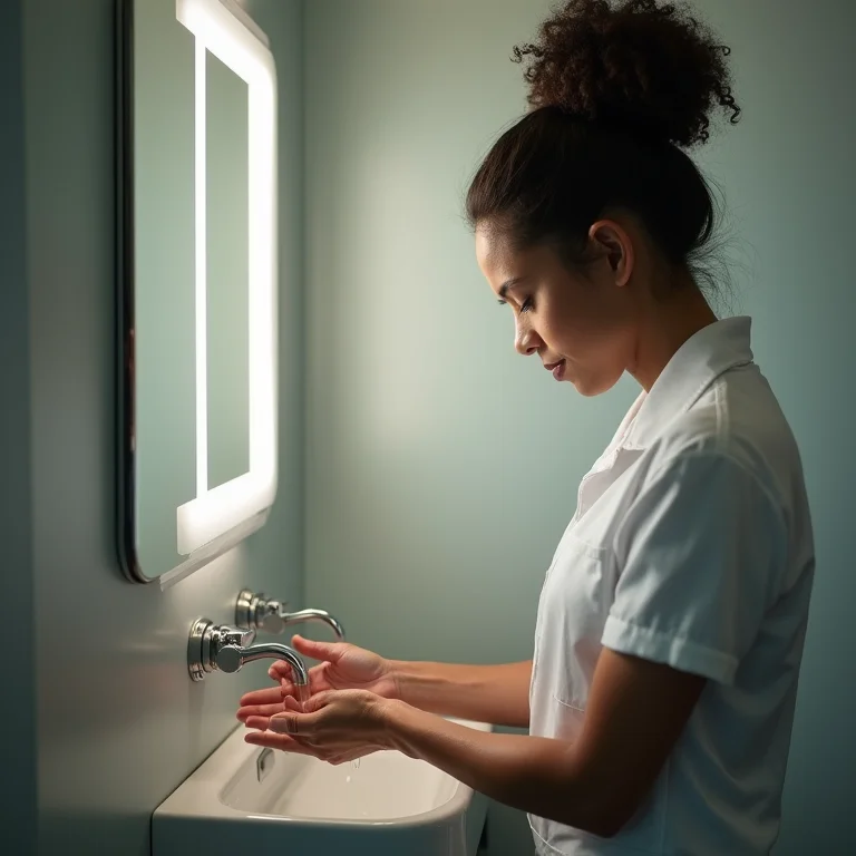 Mulher lavando as mãos corretamente em um banheiro de avião.