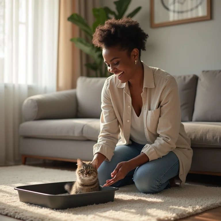 Mulher limpando facilmente o banheiro automático do gato