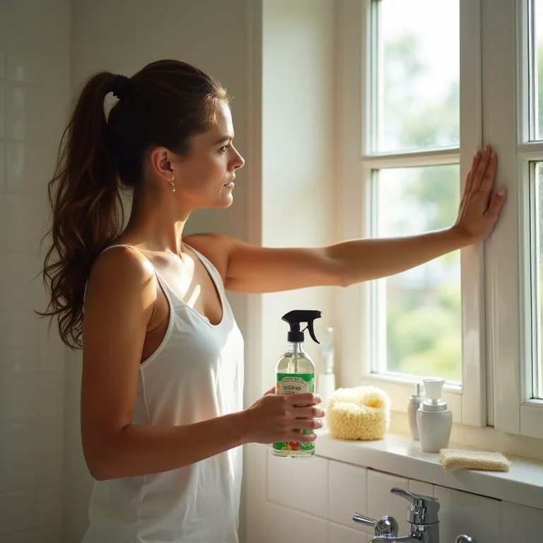 Mulher limpando janela de banheiro com produtos naturais