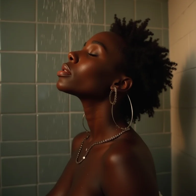 Mulher negra relaxando em um chuveiro com iluminação suave