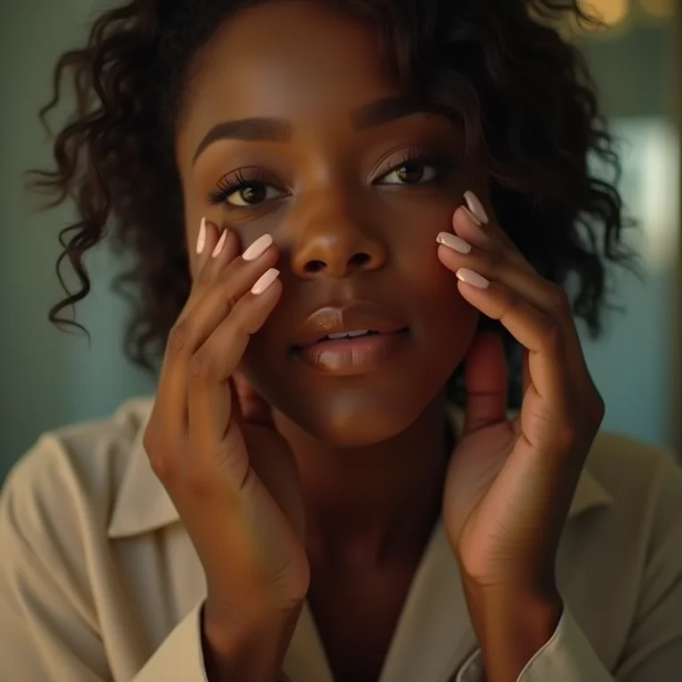 Mulher negra se maquiando em banheiro com iluminação em camadas