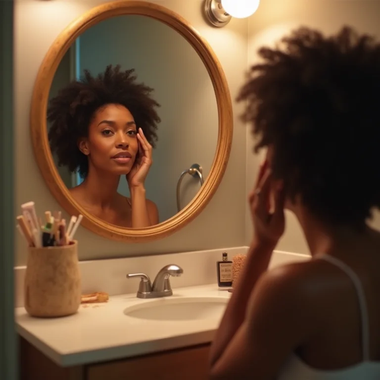 Mulher negra se maquiando em banheiro com iluminação suave