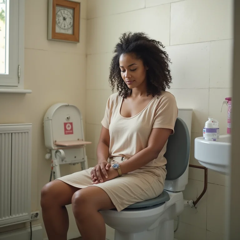Mulher negra sorrindo em um banheiro acessível