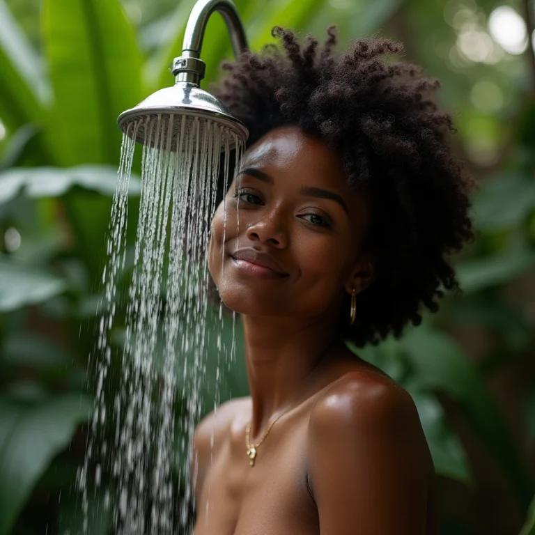 Mulher negra tomando banho em chuveiro eco-friendly