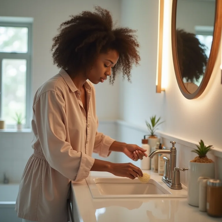 Mulher organizando bancada de banheiro