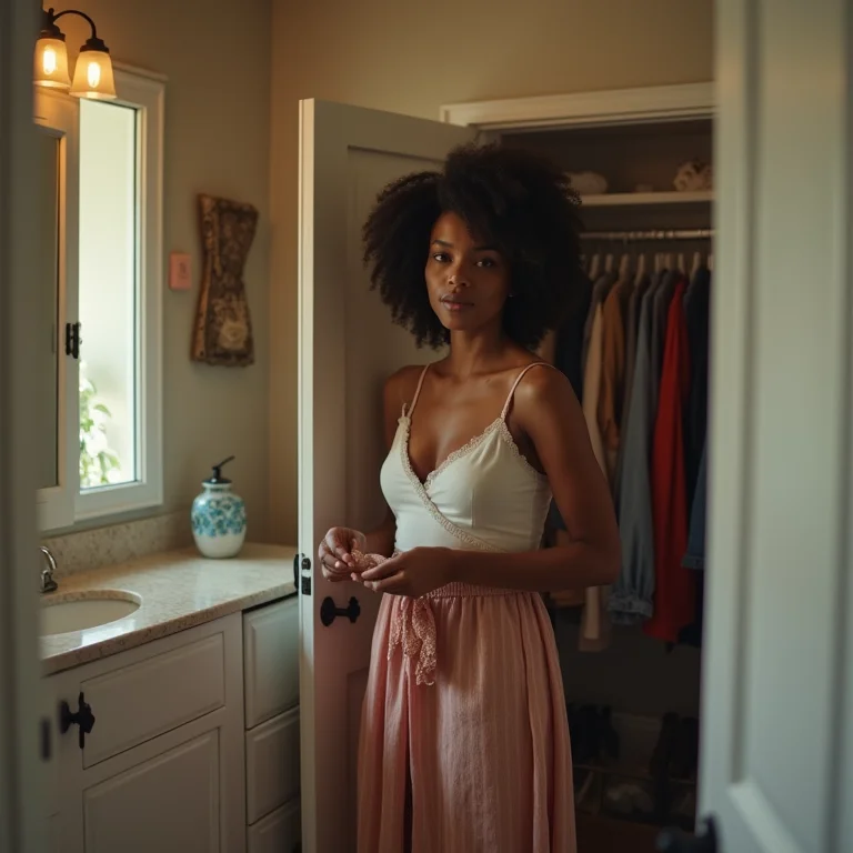 Mulher organizando roupas em closet integrado ao banheiro.