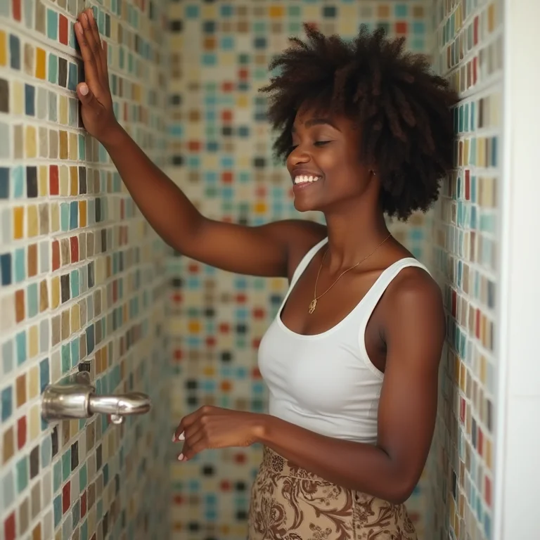 Mulher personalizando banheiro com rejunte colorido